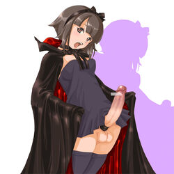 1futa bow brown_hair cape censored erection fangs futanari futanari_vampire hairband intersex no_panties open_mouth penis penis_under_dress pointless_censoring short_hair solo_futa stockings testicles thighhighs vampire yozora