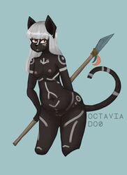 2017 anthro black_fur bodypaint breasts dark_fur feline female fur hair hi_res looking_at_viewer mammal markings nipples nude octaviados open_mouth pussy simple_background slightly_chubby smile solo standing teeth thick_thighs tongue tribal tribe voluptuous weapon wide_hips