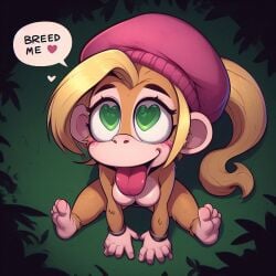 1girls ai_generated anthro ape asking_for_it blonde_hair breasts breeding_request dixie_kong donkey_kong_(series) female furry green_eyes heart-shaped_pupils horny monkey_girl nintendo primate solo submissive tagme