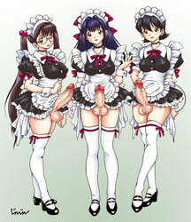 3futas balls black_hair brown_eyes brown_hair censored choker dickgirl erect_nipples frills futanari glasses hairband intersex jinjin long_hair maid open_mouth orange_eyes penis purple_eyes purple_hair short_hair smile stockings testicles thighhighs tied_hair twintails very_long_hair