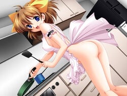 1girls antenna_hair apron arched_back arm_garter ass back bangs blue_eyes blush bow breasts brown_hair cooking dutch_angle female fire frills frying_pan game_cg hadaka_apron_gakuen hair_between_eyes hairbow indoors kazuma_muramasa kitchen kneepits legs looking_at_viewer looking_back mound_of_venus naked_apron niwa_takami no_bra no_panties open_mouth pot profile short_hair sideboob smile solo spatula standing stove