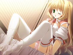 bed blonde_hair cum cum_on_clothes feet footjob game_cg green_eyes invisible_penis ogata_kimika panties pantyshot pantyshot_(sitting) pantyshot_sitting poto_-rondo_for_dear- sakaki_maki sitting solo thighhighs underwear wink