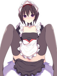 apron black_hair blush brown_hair choker clothing collar cruccu frills headband maid maid_headdress no_panties purple_eyes pussy short_hair sitting smile spread_legs stockings thighhighs uncensored