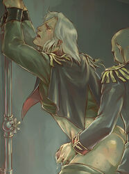 abs aguille_delaz anal anavel_gato bald bara cum cum_while_penetrated gundam handjob long_hair male male_only military military_uniform multiple_boys muscle muscles penis reach_around realistic saliva sweat tear tied uniform white_hair yaoi