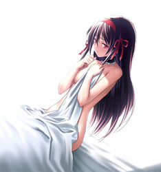 bed bed_sheet bedsheets choker long_hair naked_sheet nude original purple_hair red_eyes ribbon sheets tear yasuyuki