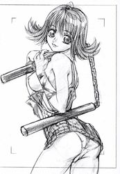 ass back breasts dress dress_lift female female_only final_fantasy final_fantasy_viii from_behind human looking_back monochrome nipples nunchaku panties selphie_tilmitt short_dress short_hair sideboob sketch smile solo underwear unzipped weapon