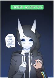 1girls ahegaokami black_hair blue_tongue comforting english_text eyes_closed fully_clothed happy holding_hands horns mask masked masked_female meme original sfw speech_bubble spooky_(ahegaokami) tagme text trade_offer wholesome