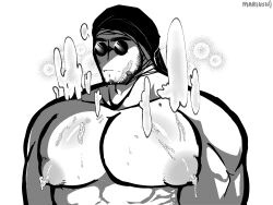 bandana beard black_and_white cum cum_drip cum_on_body cum_on_breasts cum_on_face cumshot fog huge_breasts huge_nipples lactation madness_combat male_focus manga manly marlushii monochrome muscle muscular muscular_male sanford soft_breasts solo_male sunglasses