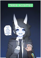 1girls :d ahegaokami black_hair blue_skin blue_tongue comforting demon_girl english_text eyes_closed fully_clothed happy holding_hands horns meme original speech_bubble spooky_(ahegaokami) tagme text trade_offer wholesome