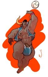 1boy ass balls bara big_balls big_penis black_hair brown_eyes bulge clothing fingerless_gloves gay grey_skin homestuck horns male male_only ms_paint_adventures muscles muscular nipples nose_piercing open_mouth penis pointy_ears short_hair solo solo_male tavros_nitram troll volleyball whatinsomnia white_background