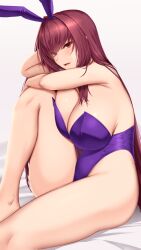 1girls akitsuki_karasu bed_sheet blush breast_press breasts bunny_ears bunnysuit fate/grand_order fate_(series) female female_only large_breasts leg_up legs leotard long_hair playboy_bunny purple_hair red_eyes scathach_(fate) scathach_(piercing_bunny) sitting solo thighs very_long_hair