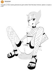 1girls alternate_version_available annoyed anus athletic_female black_and_white black_eyeshadow black_lipstick bottomless cartoon_network collar feet female female_only fishnet_armwear fishnet_pantyhose fishnets goth half-closed_eyes lipstick monochrome painted_nails pearl_(steven_universe) piercing platform_footwear platform_sandals platform_shoes pussy sandals shoes short_hair skirt skirt_up steven_universe text true_flat_chest xu53r