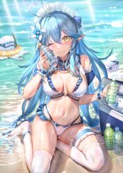 1girls 2d 2d_(artwork) ahoge atai_(artist) bare_arms bare_midriff bare_shoulders bare_thighs beach belly_button big_breasts bikini bikini_bottom bikini_top blue_hair blush cleavage elf_ears eyebrows_visible_through_hair female female_focus female_only flower_in_hair hololive hololive_gen_5 hololive_japan long_hair looking_at_viewer pointy_ears sea seaside solo solo_female solo_focus stockings swimsuit swimwear thigh_highs thighs toned_female very_long_hair virtual_youtuber water_bottle wet wet_body wet_skin wink winking winking_at_viewer yellow_eyes yukihana_lamy