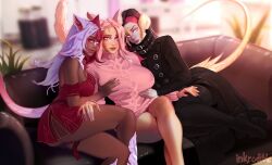 3girls alternate_version au_ra big_breasts cat_ears cat_tail catgirl clothed commission couch dark-skinned_female final_fantasy final_fantasy_xiv horns inkrodible kokume_rosebrace living_room lizard_girl lizard_tail nipples nude oc original_character pink_eyes pink_hair pubic_hair raen scales shiori shiori_rosebrace tail ych