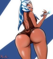 1girls ahsoka_tano ass ass_focus big_ass bottomless breasts bubble_butt dress female female_only lightsaber looking_back orange_skin rear_view solo solo_female star_wars star_wars_rebels text thick_ass togruta wide_hips ynsichi