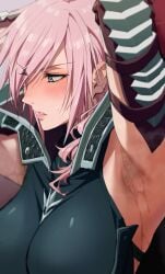 1girls armor armpit armpit_crease armpit_fetish armpit_focus armpit_hair armpit_peek armpit_play armpit_stubble armpit_sweat armpits arms_up bangs blue_eyes blush breasts close-up curly_hair ear_blush eclair_farron embarrassed eyebrows_visible_through_hair eyelashes eyes_visible_through_hair female female_only final_fantasy final_fantasy_xiii growing_armpit_hair hair_over_one_eye hairy_armpits ishii_takamori large_breasts lightning_returns:_final_fantasy_xiii long_hair pink_hair presenting_armpit presenting_armpits sexy_armpits shiny_hair shiny_skin smelly_armpits solo steamy_armpits sweat sweatdrop sweaty sweaty_armpits upper_body