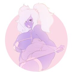 1girls amethyst_(steven_universe) big_breasts bimbo breasts chubby kokobuttz lingerie looking_at_viewer purple_skin shortstack steven_universe thick_lips thighhighs twintails