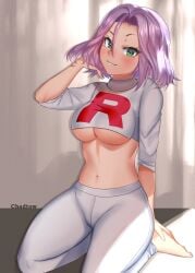 1girls big_breasts chadtow female female_only fully_clothed james_(pokemon) lavender_hair lilac_hair pokemon rule_63 solo underboob yoga_pants