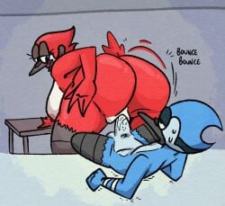 1boy 1boy1girl 1girls anthro anthro_on_anthro anthro_penetrated anthro_penetrating anthro_penetrating_anthro ass avian balls beak bed big_breasts big_butt bird blue_body blue_feathers blue_jay bodily_fluids bouncing_butt breasts cardinal_(bird) cartoon_network corvid digital_media_(artwork) duo erection feathers female fingers furniture genital_fluids genitals hand_on_butt hand_on_hip hi_res huge_breasts huge_butt humanoid_genitalia humanoid_penis jay_(bird) leaning leaning_forward leaning_on_object leaning_on_table looking_at_another looking_at_partner looking_back looking_back_at_partner looking_pleasured lying male male/female male_penetrating margaret_smith_(regular_show) mordecai_(regular_show) multicolored_body new_world_jay nipples nude on_back on_bed on_elbow open_mouth oscine passerine penetration penile penile_penetration penis penis_in_pussy pussy qoolguyart red_body red_feathers regular_show sex simple_background smile spread_legs spreading standing table text thick_thighs two_tone_body vaginal_penetration wide_hips