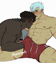 2boys abs bangs bara black_hair blush buffshiro bulge closed_eyes dark-skinned_male dark_skin dreadlocks erection erection_under_clothes gay groping hand_under_clothes highres interracial large_pectorals male_focus multiple_boys muscular muscular_male navel nipples open_mouth pectorals red_shorts ryan_kinkade scar scar_on_arm scar_on_chest scar_on_face scar_on_leg scar_on_nose scar_on_stomach short_hair shorts sideburns sucking sucking_male_nipple sucking_nipples takashi_shirogane thick_thighs thighs topless_male twitter_username undercut undercut_dreads voltron voltron:_legendary_defender white_hair yaoi