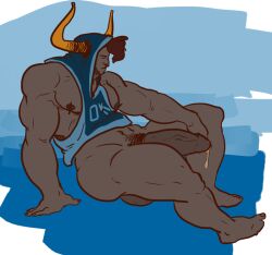 1boy balls bara big_balls big_penis black_hair blue_background clothing gay grey_skin homestuck horns male male_only ms_paint_adventures muscles muscular nipple_piercing nipples nose_piercing penis pointy_ears precum pubic_hair short_hair solo solo_male tavros_nitram troll whatinsomnia