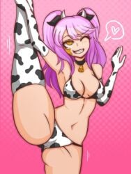 bell bell_collar bikini cow_bikini cow_ears cow_girl cow_thighighs danganronpa danganronpa_another fanganronpa female heart leg_up pink_hair raydeluxxxe smiling smooth_skin thighhighs tomori_kizuna twintails wink yellow_eyes