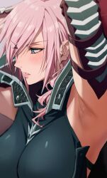 armor armpit armpits arms_up bangs blue_eyes blush breasts close-up curly_hair ear_blush eclair_farron embarrassed eyebrows_visible_through_hair eyelashes eyes_visible_through_hair female female_only final_fantasy final_fantasy_xiii hair_over_one_eye ishii_takamori large_breasts lightning_returns:_final_fantasy_xiii long_hair pink_hair shiny_hair shiny_skin upper_body