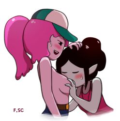 2girls adventure_time artist_name black_hair blush canon_couple fizzyspidercider grey_skin hat hi_res lesbian looking_pleasured marceline multiple_girls pink_hair pink_skin pointy_ears ponytail princess_bubblegum sucking_nipples topless white_background yuri