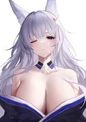 absurdres an_yasuri animal_ear_fluff animal_ears azur_lane bare_shoulders bikini black_bikini blue_eyes blush breasts cleavage collarbone cum cum_on_body cum_on_breasts cum_string detached_collar eyebrows_visible_through_hair facial female fox_ears grey_hair hair_ornament highres japanese_clothes kimono kimono_pull large_breasts long_hair looking_at_viewer one_eye_closed parted_lips shinano_(azur_lane) solo straight swimsuit upper_body very_long_hair