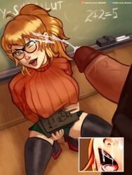 1boy 1girls akeowi alternate_costume blonde_hair braces cum cum_on_face cumshot dark-skinned_male dick glasses high_heels interracial kneeling nerd nerdy_female pokies ponytail rwby tagme winking yang_xiao_long