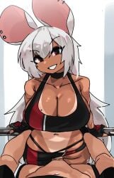 1boy 1girls 2022 alina_(zanamaoria) animal_ears bench_press black_eyes breasts cleavage female hips_grab huge_breasts humanoid large_ears long_ears long_hair looking_at_viewer male male_pov mouse_ears mouse_girl mouse_humanoid original original_character pov pov_eye_contact sex shortstack simple_background smile sportswear standing_missionary tan tanline tanlines white_hair zanamaoria