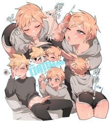 2boys ass blonde_hair blowjob blue_eyes blush booty_shorts censored closed_eyes cum cum_in_mouth cum_inside cum_on_face cum_on_hair cute cute_fang danodano eyes_closed femboy gay girly hand_on_head heart heart-shaped_pupils hoodie male male_only ming_(5unri5e666) mosaic_censoring one_eye_closed oral oral_sex original short_shorts shorts yaoi