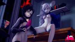 2girls 3d blue_eyes female handwear human nyahs_smut pale_skin red_hair ruby_rose rwby sex_toy silver_eyes weiss_schnee white_hair