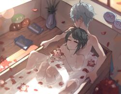 2boys adorable androgynous bath bathing bathtub chongyun_(genshin_impact) color cute digital_media_(artwork) femboy flower fluffy full_color gay genshin_impact girly intimate male_only naked no_sex nonsexual_intimacy nude relaxing shaded water xingqiu_(genshin_impact) yaoi