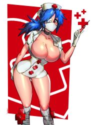 1girls absurd_res blue_hair breasts cleavage female female_only hi_res large_breasts looking_at_viewer mask needle nurse nurse_uniform open_shirt red_eyes skullgirls solo thighs valentine_(skullgirls) wide_hips xdtopsu01