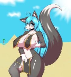 anthro big_breasts blue_eyes blue_hair blush breast_grab breasts canid canine canis clothed clothing domestic_dog female fur hair hand_on_breast hanul hi_res long_hair lranshin mammal multicolored_body multicolored_fur nude open_mouth outside pyramid revealing_clothes skimpy solo tagme two_tone_body two_tone_fur