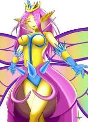 closed_eyes colored dress elf_ears empress_of_light fairy_wings female_only gauntlets pink_hair pointy_ears simple_background terraria watermark wings