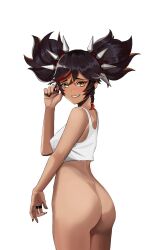 1girls :d absurd_res absurdres ass bare_shoulders bellone black_fingernails black_hair black_nails blush bottomless braided_hair butt casual commentary_request cropped_legs dark-skinned_female dark_skin dat_ass female female_only from_side genshin_impact highres korean_commentary looking_at_viewer midriff mihoyo multicolored_hair nail_polish nipple_bulge nude open_mouth perky_breasts petite pigtails presenting_ass red_hair short_twintails shy side_view simple_background skinny small_breasts smile smiling solo spiked_hairband spikes streaked_hair tank_top teenager twintails white_background white_tank_top xinyan_(genshin_impact) yellow_eyes