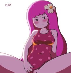 adventure_time blush female fizzyspidercider naughty_face pink_hair pink_skin princess_bubblegum showing_pussy sweatdrop swimsuit