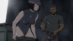 1boy 1girls alley alleyway blush clothed clothed_female clothed_male clothed_sex dark-skinned_male dark_hair dark_skin eccentrix eyelashes female ghost_in_the_shell ghost_in_the_shell_sac_2045 human human_only imminent_sex interracial jeans kusanagi_motoko leotard light-skinned_female light_skin male purple_hair short_hair standard_(sac_2045) straight stripping taking_clothes_off taking_off_pants temon