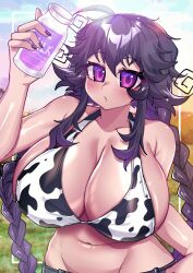 1girls 2022 ahoge animal_print bikini bikini_top blue_sky blush bottle braid breasts cow_girl cow_print crawling_dreams denim farm female high_resolution huge_breasts jeans lewdweather long_hair milk milk_bottle navel nyarla_(crawling_dreams) nyarla_(osiimi) original osiimi pants plump purple_eyes purple_hair purple_nails sidelocks sky sunlight swimsuit tied_hair twin_braids very_high_resolution