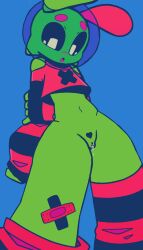 alien alien_humanoid ambiguous_gender animation_meme_community anthro asdfriku blush bodily_fluids clothing edit female genital_fluids genitals green_body green_skin hi_res humanoid legwear open_mouth pussy simple_background solo sploot_(unknownspy) thick_thighs unknownspy wide_hips