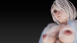 3d 3d_(artwork) blue_eyes blush blush breasts cum cum_on_breasts cum_on_face facial fur honey_select ihateasuka makeup mole mole_under_mouth nier:_automata open_mouth pale-skinned_female pale_skin simple_background studio_neo white_hair yorha_2b