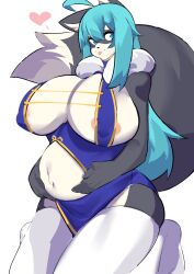 absurd_res anthro areola areola_slip aspirindabaitu big_breasts blue_eyes blue_hair breasts canid canine canis clothing domestic_dog female fluffy fluffy_tail hair hands_on_belly hanul heart hi_res kneeling legwear mammal mx99926 pregnant solo thick_thighs thighhighs tongue tongue_out wide_hips