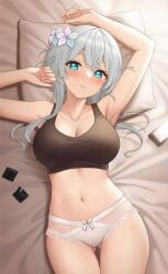 black_shirt blue_eyes cleavage condom condom_wrapper edit female female_only fukuro_ko_(greentea) genshin_impact hi_res high_resolution highres laying_down laying_on_bed lingerie looking_at_viewer lumine_(genshin_impact) phone pillow recolor silver_hair smartphone solo solo_female sweat tagme third-party_edit white_body white_hair white_ribbon