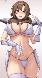 1girls 2022 bikini_armor breasts brown_hair cleavage female female_only fully_clothed hi_res hioyami hips huge_breasts long_hair looking_at_viewer mature_female milf mother naughty_face oosuki_mamako purple_eyes revealing_clothes simple_background skimpy_clothes slim_waist smile suggestive_look thick_thighs thighs tsuujou_kougeki_ga_zentai_kougeki_de_ni-kai_kougeki_no_okaasan_wa_suki_desu_ka? wide_hips