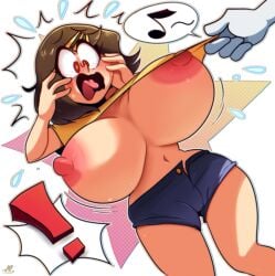 1girls areola areola_slip areolae brown_hair disembodied_hand female hair_pin huge_breasts lewdloaf massive_breasts molly_(jpeghu) nipple_bulge nipple_slip nipples red_eyes shirt_lift shocked shocked_expression short_hair short_shorts sole_female text_box wardrobe_malfunction