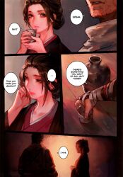 1boy 1girls alcohol aoin comic comic_page detailed detailed_background dialogue doujin emma_(sekiro) english_text faceless_male female fromsoftware full_color fully_clothed japanese_clothes kimono male sake sekiro sekiro:_shadows_die_twice