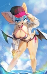 1girls baseball_cap bat_ears bat_girl bat_wings bent_over bikini blue_eyes chiropteran female female_only in_water leaning_on_knee looking_at_viewer narrowed_eyes rouge_the_bat sea sega shirt smiling smiling_at_viewer solo solo_female sonic_(series) sonic_the_hedgehog_(series) summer swimsuit very_high_resolution wings yuio