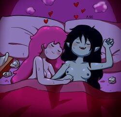 2girls adventure_time after_sex artist_name bed black_hair canon_couple casual cute female fizzyspidercider forked_tongue grey_body grey_skin heart hi_res holding_hands large_breasts marceline nude_female pale_skin pink_hair pink_skin princess_bubblegum satisfied sleeping sweat tongue_out very_long_hair wholesome yuri